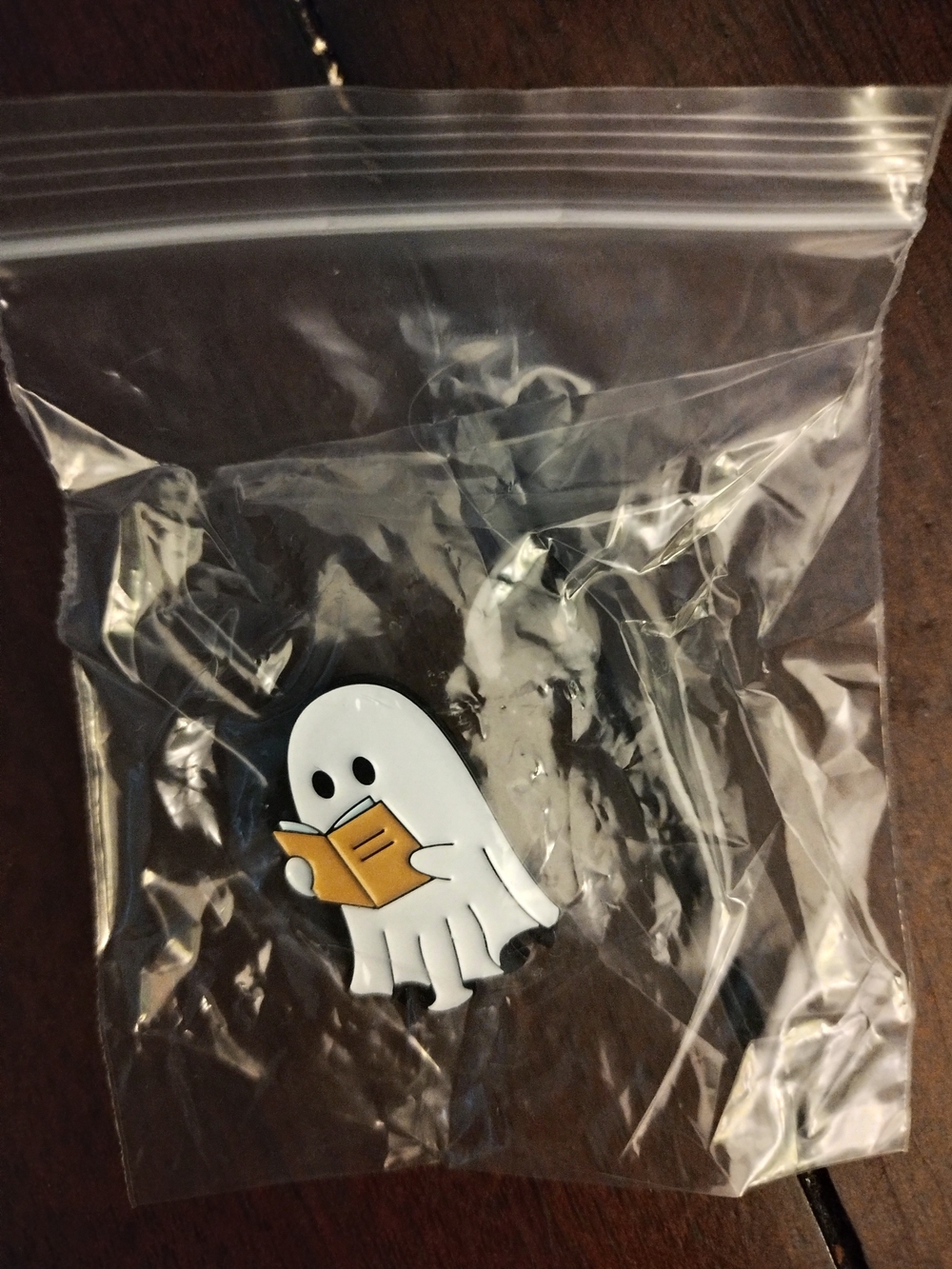 White Ghost Enamel Pin with Yellow Book